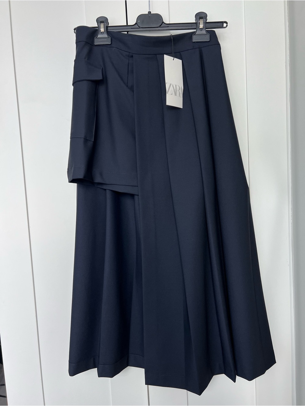 ZARA Dark Navy Asymmetric Pleated Midi Skirt
